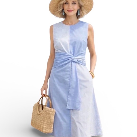 Misook Dresses & Skirts - MISOOK Colorblock Striped Twist Front Sleeveless Midi Dress Resortwear Size L